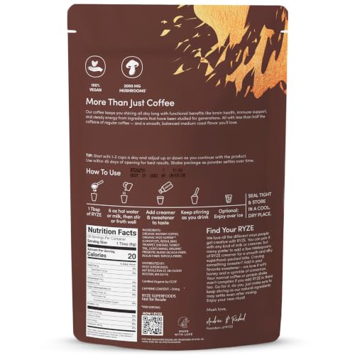 RYZE Organic Mushroom Coffee, Medium Roast, Adaptogenic Blend, 30 Servings | 6 Adaptogenic Mushrooms including Lion's Mane, Turkey Tail & Cordyceps, Made with Organic Coffee, Gluten Free, Vegan