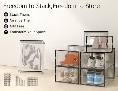 Kuject X-Large Shoe Storage Boxes 12 Pack, Clear Stackable Shoe Organizer | Drop-Front Space-Saving Shoe Cases for Closet, Entryway & Under-Bed Storage, Family Organizer,Black