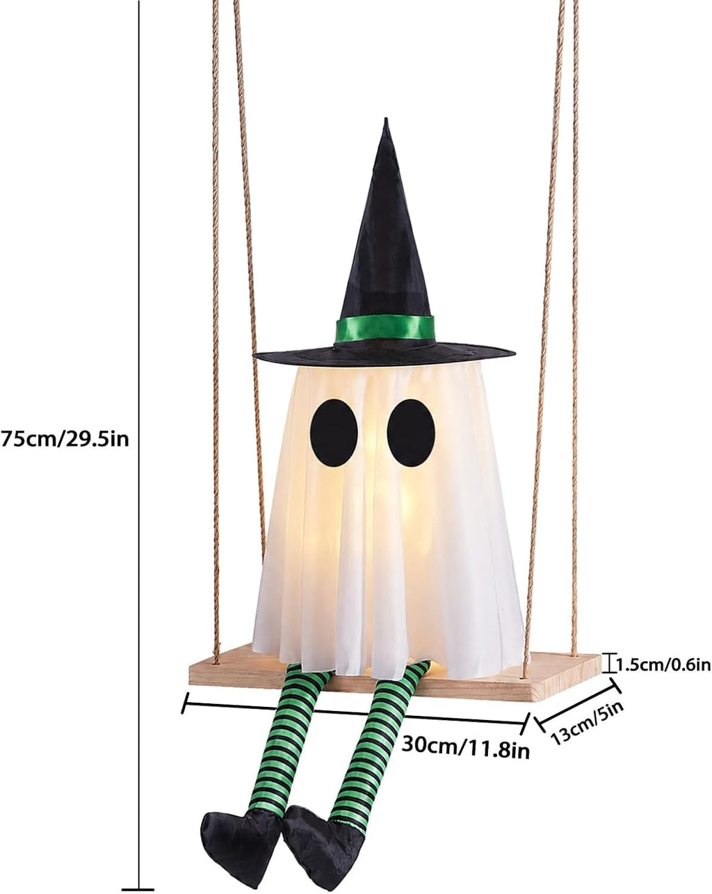 Halloween Swinging Ghost Outdoor Decor, Spooky Hanging Ghosts Decorations | Set of 3, Timer Function, Remote Control, Unique Ghost & Witch Fusion Design, Solid Wood, 29.5Inches Height