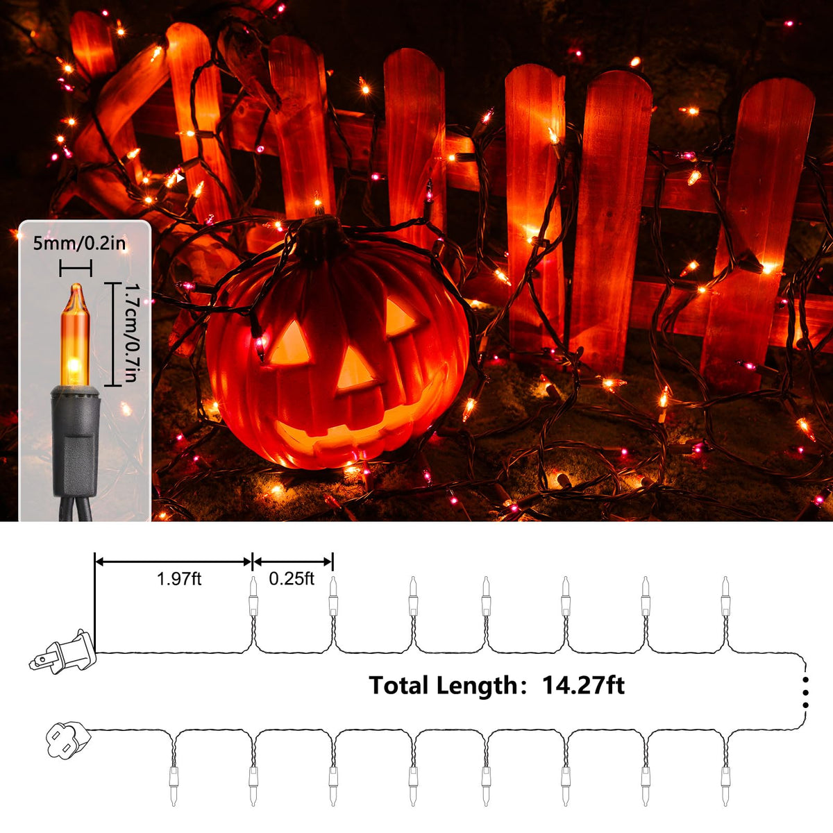 Orange & Purple Halloween Lights, 12.5ft 50 Count Incandescent String Light | UL Certified Connectable Mini Bulbs String Lights for Outdoor, Indoor, Garden, Porch, Party, Home, Halloween Decor