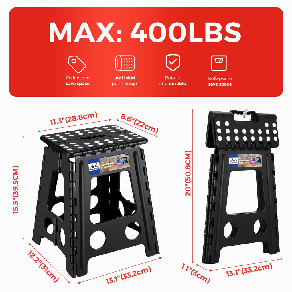 ACKO 16 Inch Folding Step Stool with Safety Lock, Holds 400 lbs, Black | Portable Foldable Stools with Handle, Heavy Duty Collapsible Non-Slip Foot Stool for Adults & Kids, Kitchen Bathroom Outdoor
