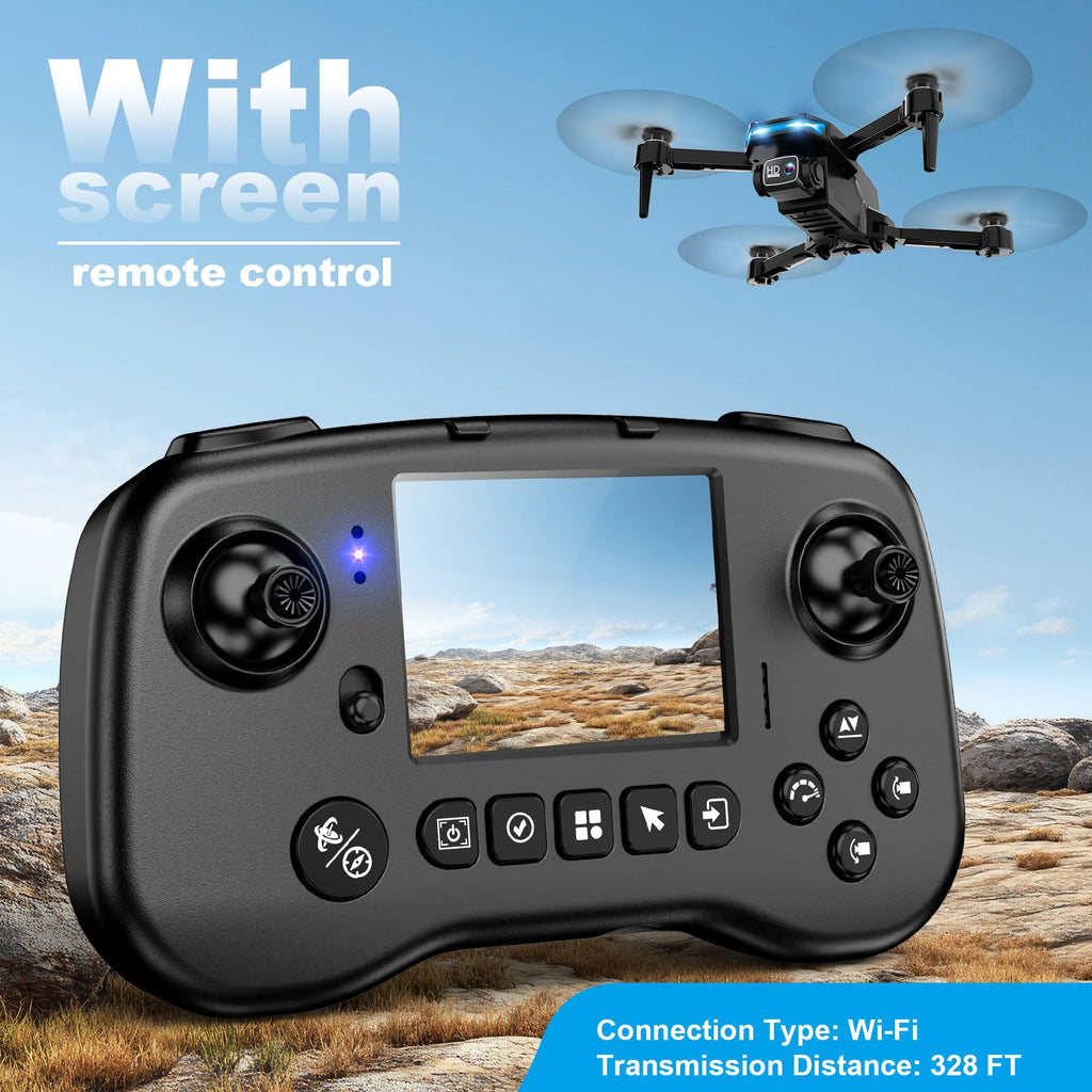Drone with Camera, Screen on Controller Remote Control Quadcopter FPV Drone | Drone with Built-in Screen Controller for Beginners, Foldable, Gesture Control, 3D Flip, One-Key Start, and Emergency Stop