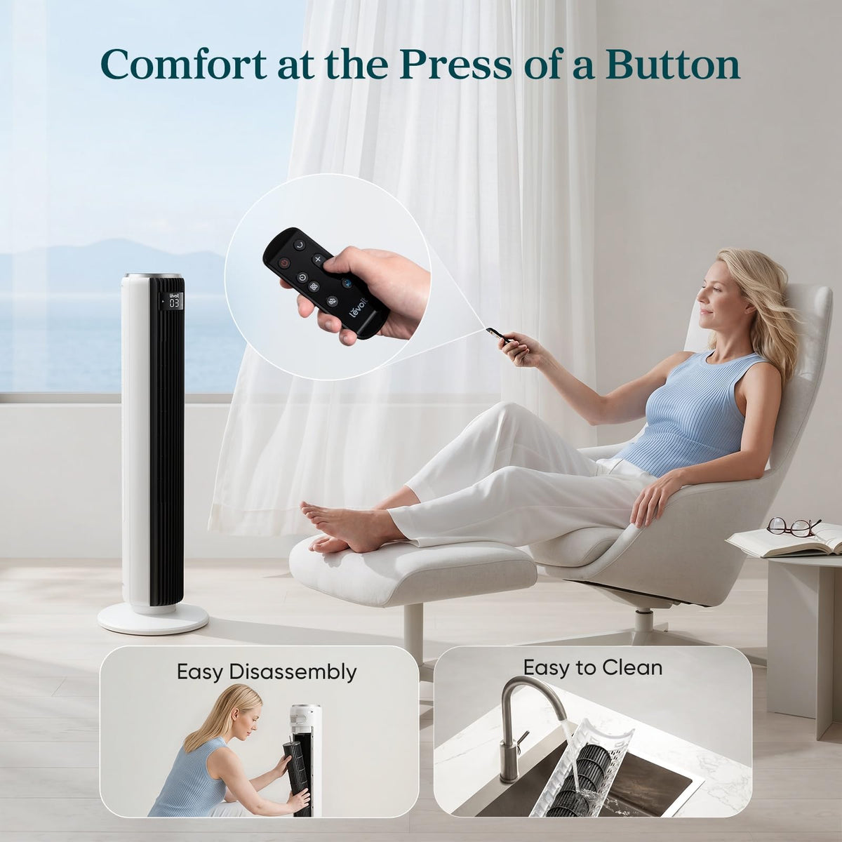 Levoit Tower Fan for Bedroom, 28ft/s Fans that Blow Cold Air, 28dB Quiet | Standing Floor Fan for Room, 90° Oscillating, 5 Speeds 4 Modes & Temp Sensor, Bladeless, 12H Timer, Remote, 36 inch, White