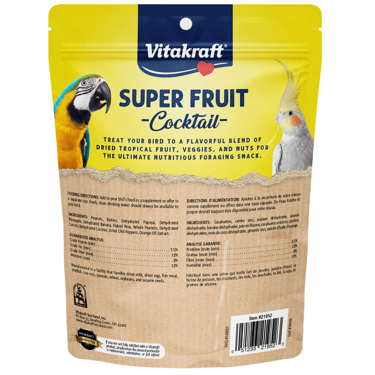 Vitakraft Super Fruit Cocktail Parrot and Cockatiel Treat 20 oz. | Real Dried Fruit, Wholesome Seed Blend, Natural Foraging Mix, Resealable Bag, 20 oz Pack