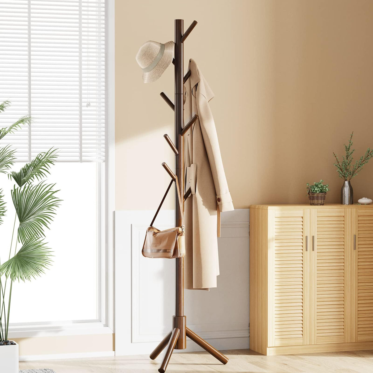 Pipishell Solid Wooden Coat Rack Freestanding with 8 Hooks, Brown | 3 Height Options, 100% Pine Wood, Tool-Free Assembly, Large Triangular Base, Smooth Rods & Hooks Prevent Clothing Snags