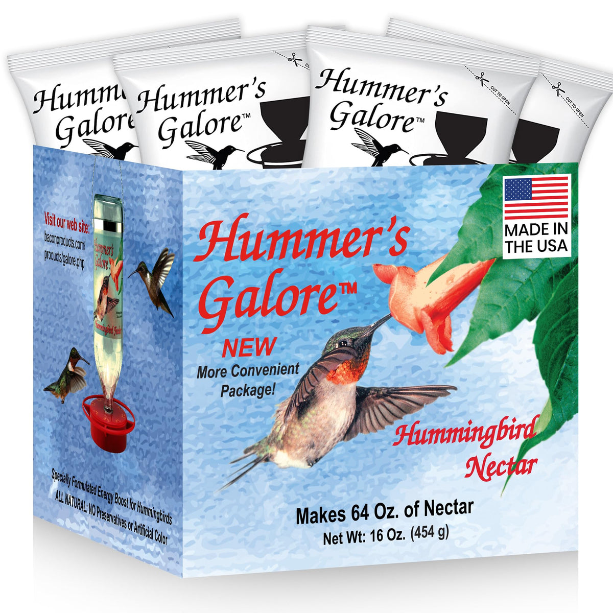 Hummer's Galore Made in USA Hummingbird Food - Ready-to-Mix Hummingbird Nectar, All-Natural Nectar Collector Formula, No Preservatives or Dyes, Makes 64 Ounces (4 Packets Included)