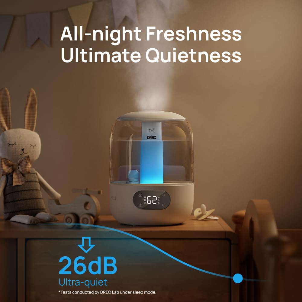 DREO 3L Humidifiers for Bedroom, 30H Runtime, 26 dB Quiet, New Edition | Easy to Refill & Clean, Precise Humidity Control, Night light, Cool Mist Air Humidifier for Large Room, Baby Nursery