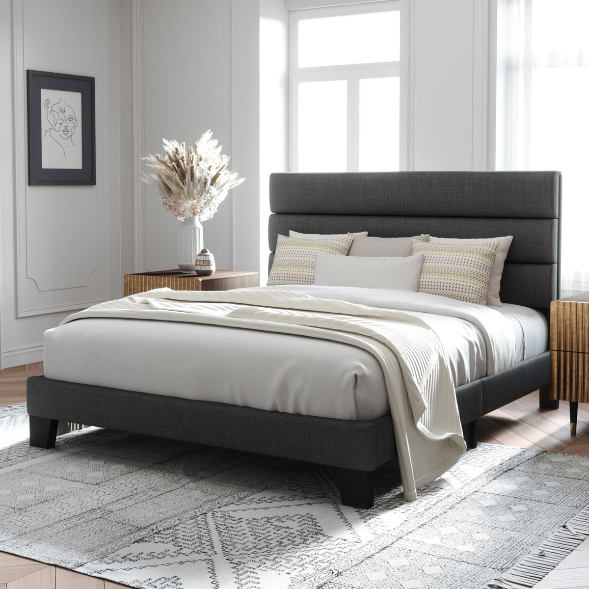 Allewie Queen Size Platform Bed Frame with Fabric Upholstered Headboard | Wooden Slats Support, Fully Upholstered Mattress Foundation, No Box Spring Needed, Easy Assembly, Noise-Free, Dark Grey