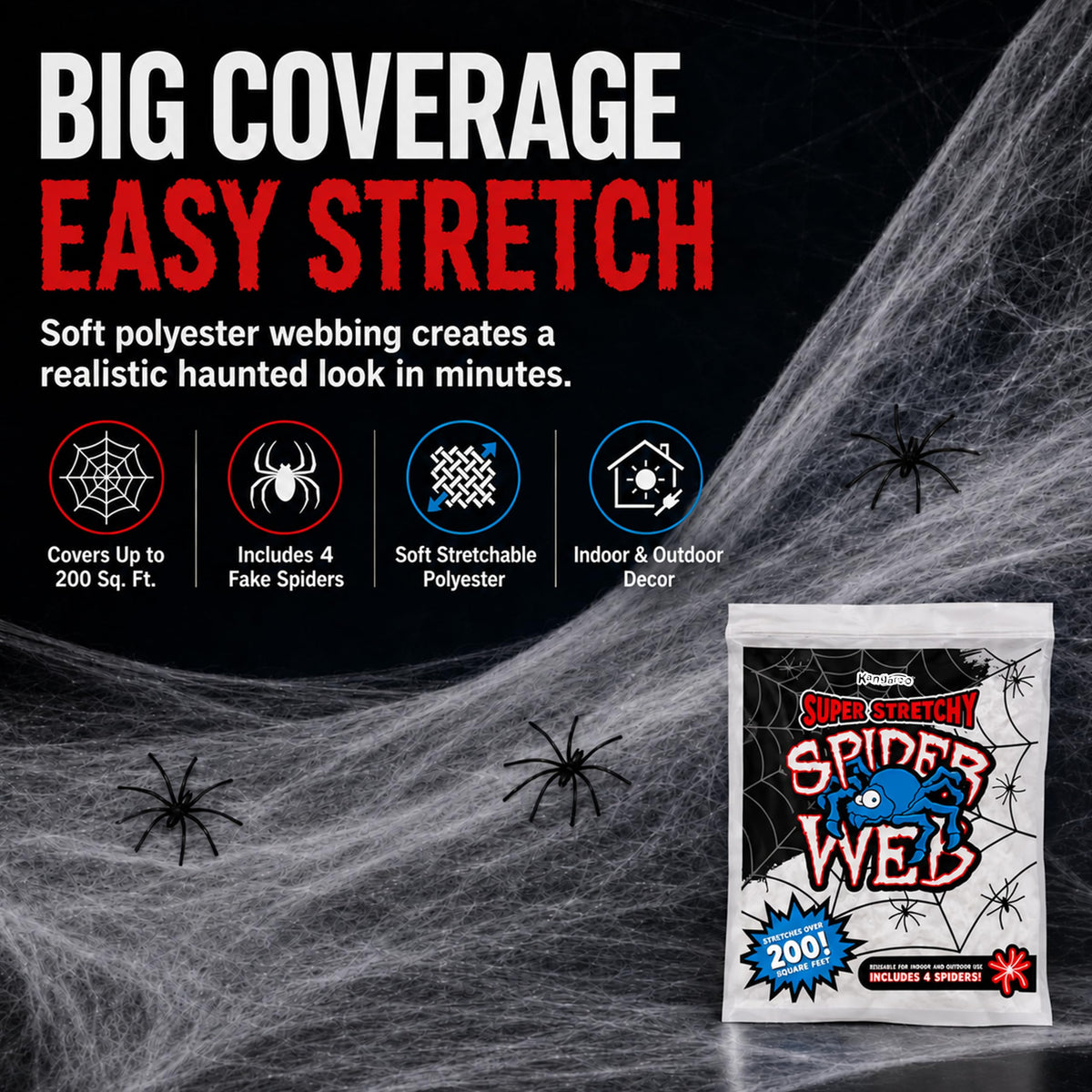 Kangaroo 200 sq. Ft Fake Spider Webs with 20 Fake Spiders for Decorations | Spiderweb Webbing Halloween Cobwebs Decor - Scary Halloween Decor Indoor Outdoor Party Wall, Graveyard Decoration Props