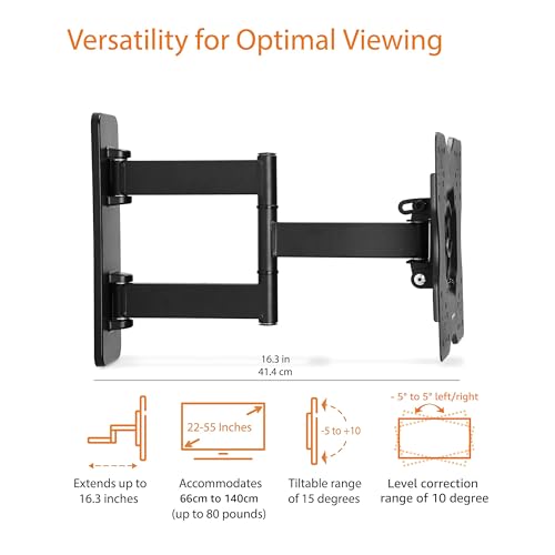 Amazon Basics Full Motion Articulating TV Wall Mount, with Swivel and Tilt, for 26" to 55" TVs and Flat Panels up to 80 Lbs, VESA Compatible, Single Stud, Black
