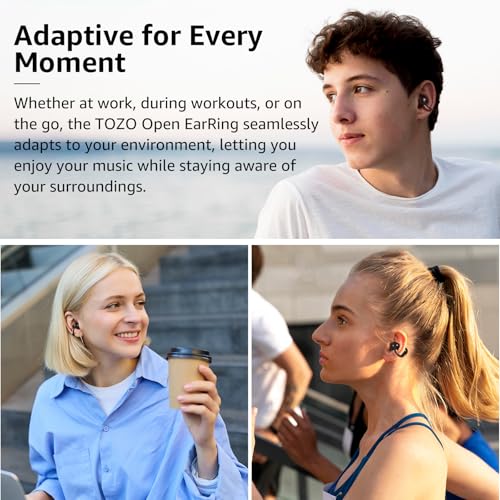 TOZO OpenEarRing Open Ear Earbuds 40H Bluetooth 5.4 Lightweight Comfort | Open Ear Clip On Wireless Earbuds with Smart Digital LED Display, Stable Connection, Secure Fit for Driving Workout Black