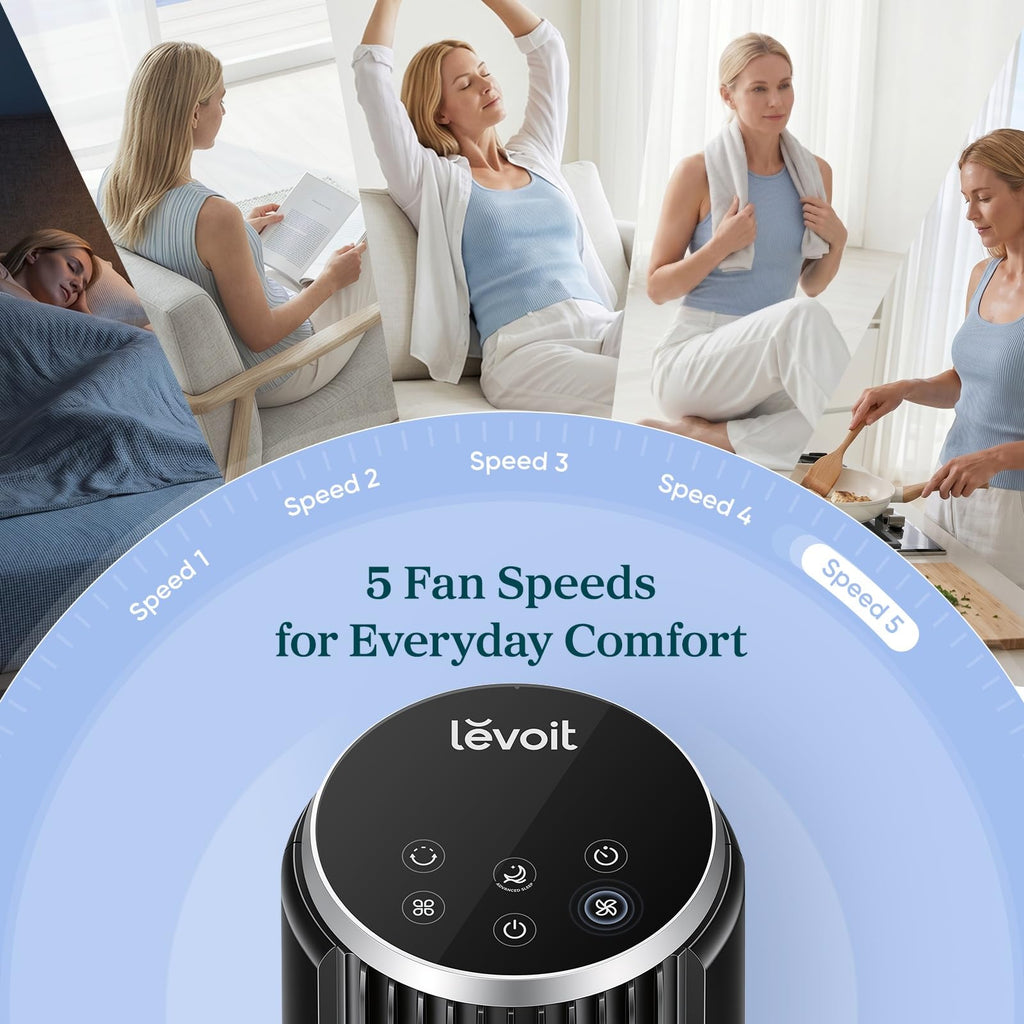 Levoit Tower Fan for Bedroom, 28ft/s Fans that Blow Cold Air, 28dB Quiet | Standing Floor Fan for Room, 90° Oscillating, 5 Speeds 4 Modes & Temp Sensor, Bladeless, 12H Timer, Remote, 36 inch, White