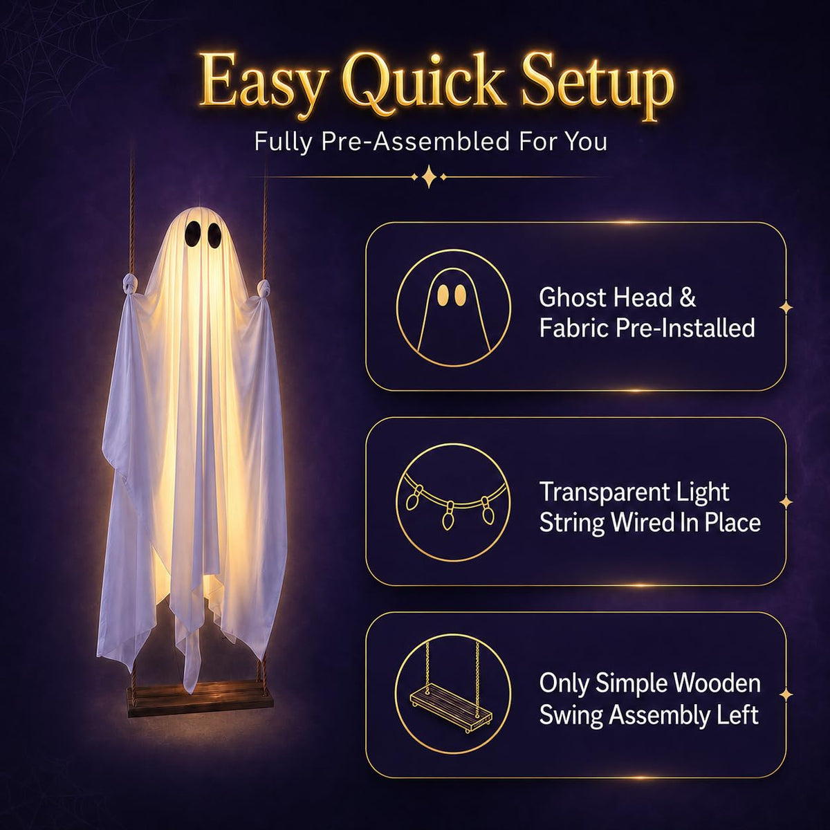5FT Large Outdoor Halloween Decorations Swing Hanging Ghost for Porch, Yard | Ready to Hang Setup, Height-Adjustable Swing, Timer Remote Lights Strings, Draped Smooth Fabric, Porch Yard Lawn Tree Decor