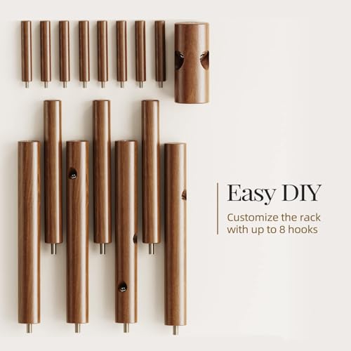 Pipishell Solid Wooden Coat Rack Freestanding with 8 Hooks, Brown | 3 Height Options, 100% Pine Wood, Tool-Free Assembly, Large Triangular Base, Smooth Rods & Hooks Prevent Clothing Snags