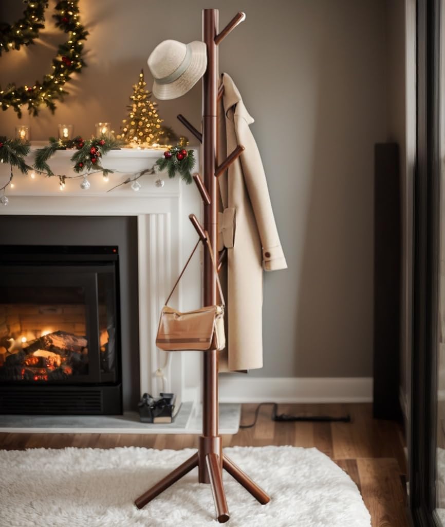 Pipishell Solid Wooden Coat Rack Freestanding with 8 Hooks, Brown | 3 Height Options, 100% Pine Wood, Tool-Free Assembly, Large Triangular Base, Smooth Rods & Hooks Prevent Clothing Snags