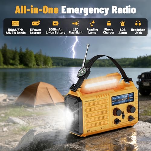 NOAA Weather Radio FM AM Shortwave, Emergency Radio 5000mAh Solar Crank | 5 Way Powered Portable Phone Charger with LED Flashlight, Reading Lamp, and SOS Alarm for Survival Kits