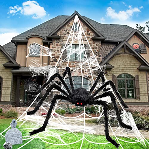 Halloween Decorations Outdoor Spider Webs:1Pcs Giant Spiders-Outdoor Use | 200'' Triangular Web with Hook-Stretch Web and Ground Stakes for Large Halloween Decor and Haunted House Decoration(4.1FT)