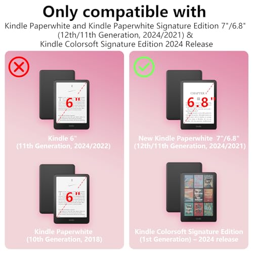 Case for Kindle Paperwhite 7"/6.8" (13th/12th Generation, 2026/2024), Pink | Lainergie Slim High Quality PU Leather Kindle Colorsoft Signature Edition 2024 Case With Stand, Hand Strap, Auto-Wake/Sleep