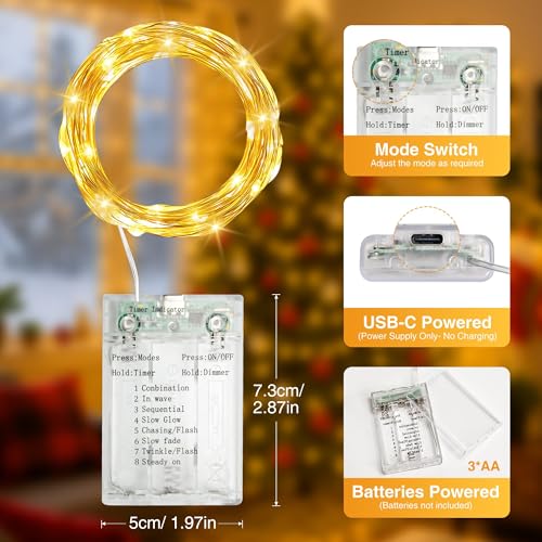 16FT 50 LED Fairy Lights Battery Operated with Timer, Warm White