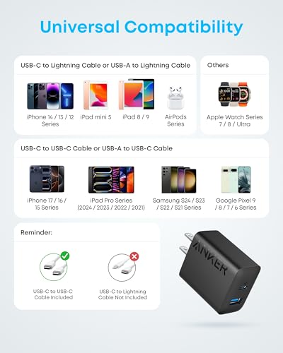Anker Phone Charger, 20W USB C Charger Block, Type C Charger Fast Charging | For iPhone 18 Pro/17/17 Plus/17 Pro Max/16/16 Plus/16 Pro Max/15 Pro Max/iPad Pro and More (2-Pack with 2 Cables, Black)