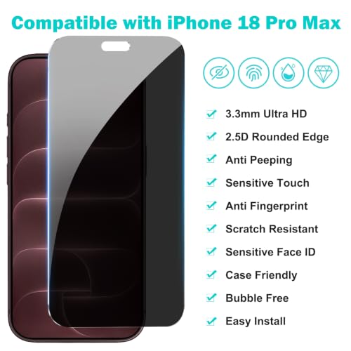PEHAEL for iPhone 18 Pro Max Privacy Screen Protector+Camera Lens Protector | 3+3 Pack, Installation Frame, Cleaning kits, Anti-Spy Private, Anti-Scratch, 9H Tempered Glass, Case Friendly