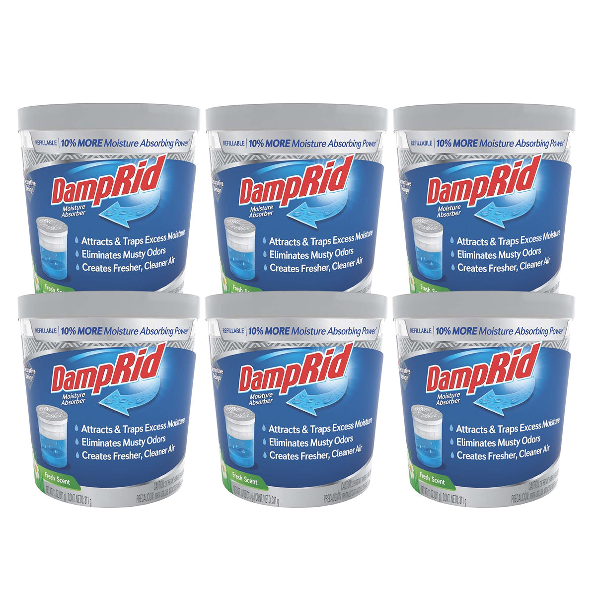 DampRid Refillable Moisture Absorber, 11 oz., 6-Pack - Fresh Scent Moisture Absorbers, 10% More Absorbing Power*, Eliminates Musty Odors for Fresher, Cleaner Air