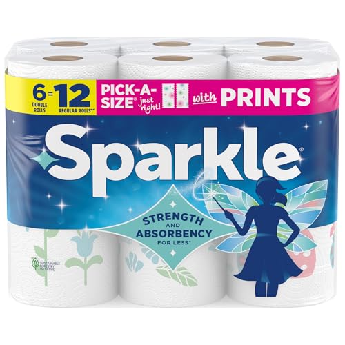 SPARKLE Pick-A-Size Paper Towels, 2-Ply Spirited Prints, 6 Double Rolls | Paper towels 6 pack: strong 2 ply paper towels with Pick-A-Size sheets, 6 double rolls, 660 sheets total