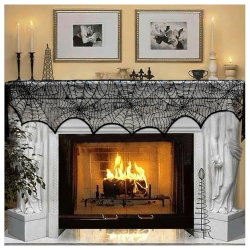 AerWo Halloween Decoration Black Lace Spiderweb Fireplace Mantle Scarf Cover Festive Party Supplies 45 X 243cm 18 x 96 inch