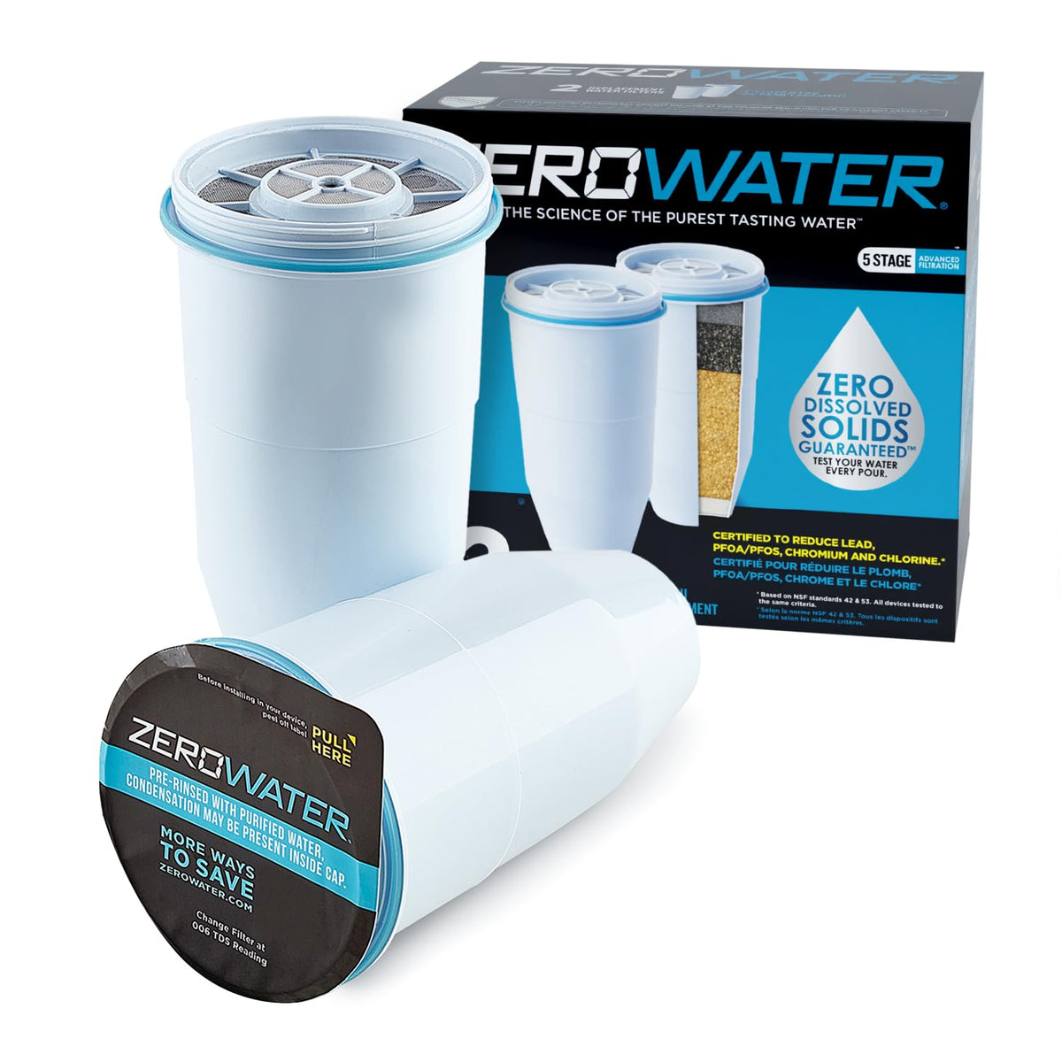 ZeroWater Official Replacement Water Filter Removes PFOA/PFOS 2-Pack​ | IAPMO certified: Lead, chromium, mercury & PFOA/PFOS; 5-stage advanced filtration replacement filter for ZeroWater pitchers​