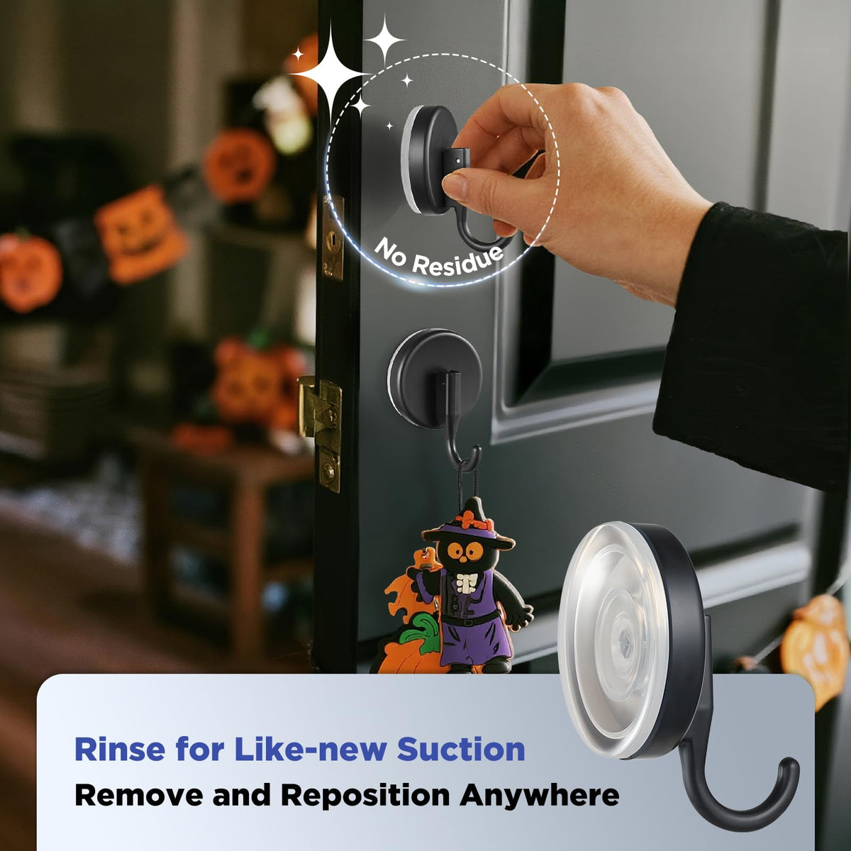 OUTXE Suction Cup Wreath Hanger, Upgraded Reef Hook | for Front Door/Glass Window/Over Door, Christmas/Thanksgiving/Halloween/July 4th/Easter/Spring/Summer/Fall (Black, 2-Pack)