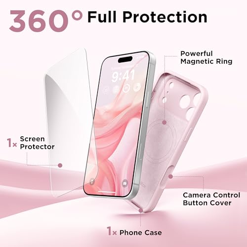 GolbinBox Magnetic for iPhone 18 Pro Case/17 Pro Case, Chalk Pink | Compatible with MagSafe, Camera Protection, Screen Protector, Silicone Shockproof Phone Case, Anti-Scratch Microfiber Lining
