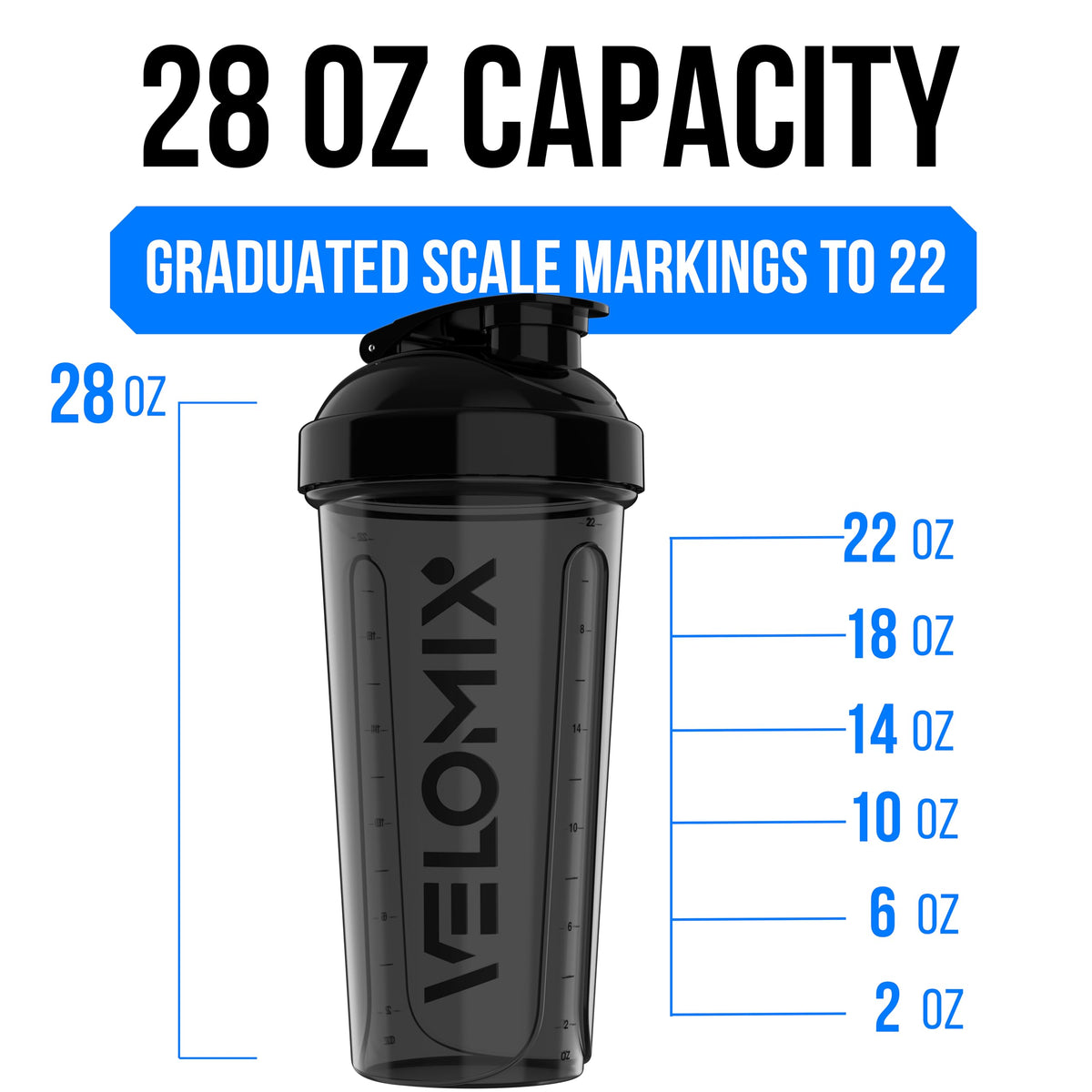 VELOMIX 2 Pack 28oz Protein Shaker Bottle for Protein Mixes, Black/Transpar | 2x Wire Whisk, Leak Proof Shaker Cups for Protein Shakes, Stackable, Dishwasher safe, BPA free, Pre Workout and Fitness ready