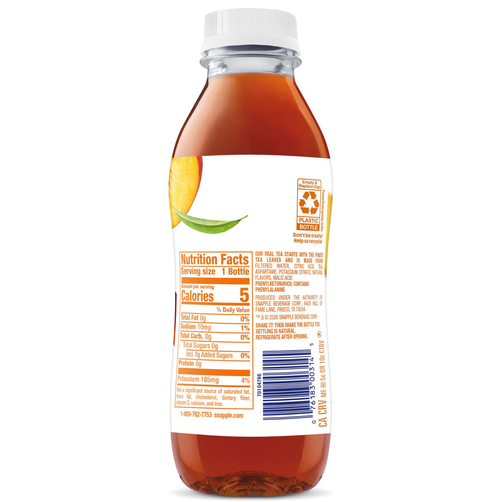 Snapple Zero Sugar Peach Tea, 16 fl oz recycled plastic bottle (Pack of 12)