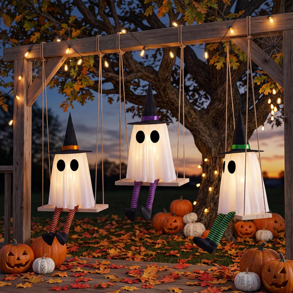 Halloween Swinging Ghost Outdoor Decor, Spooky Hanging Ghosts Decorations | Set of 3, Timer Function, Remote Control, Unique Ghost & Witch Fusion Design, Solid Wood, 29.5Inches Height