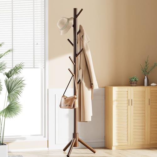 Pipishell Solid Wooden Coat Rack Freestanding with 8 Hooks, Brown | 3 Height Options, 100% Pine Wood, Tool-Free Assembly, Large Triangular Base, Smooth Rods & Hooks Prevent Clothing Snags
