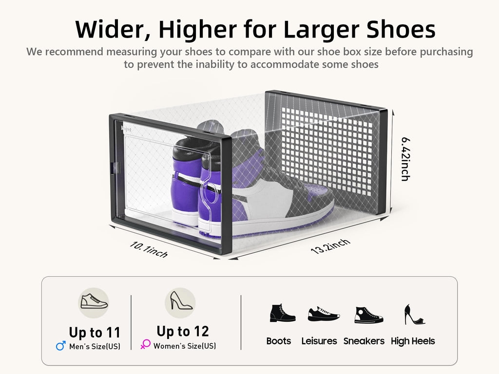 Kuject X-Large Shoe Storage Boxes 12 Pack, Clear Stackable Shoe Organizer | Drop-Front Space-Saving Shoe Cases for Closet, Entryway & Under-Bed Storage, Family Organizer,Black