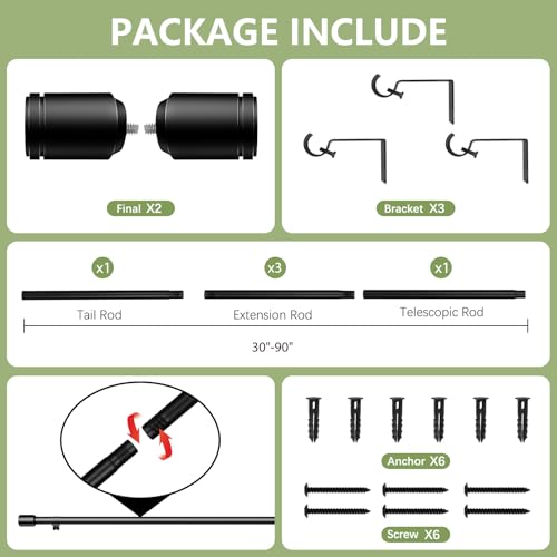 Curtain Rods 30-90 Inch, Adjustable Black Curtain Rods for Windows 1 Pack