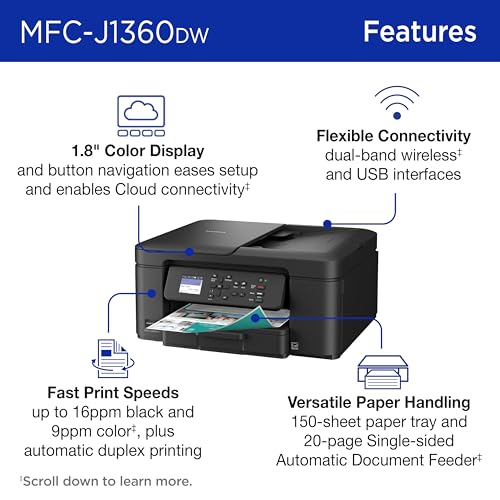 Brother Work Smart 1360 Wireless Color Inkjet All-in-One Print, Scan, Copy | Best-for-home, duplex printing, auto document feeder, mobile printing, 1.8” display, works with Alexa