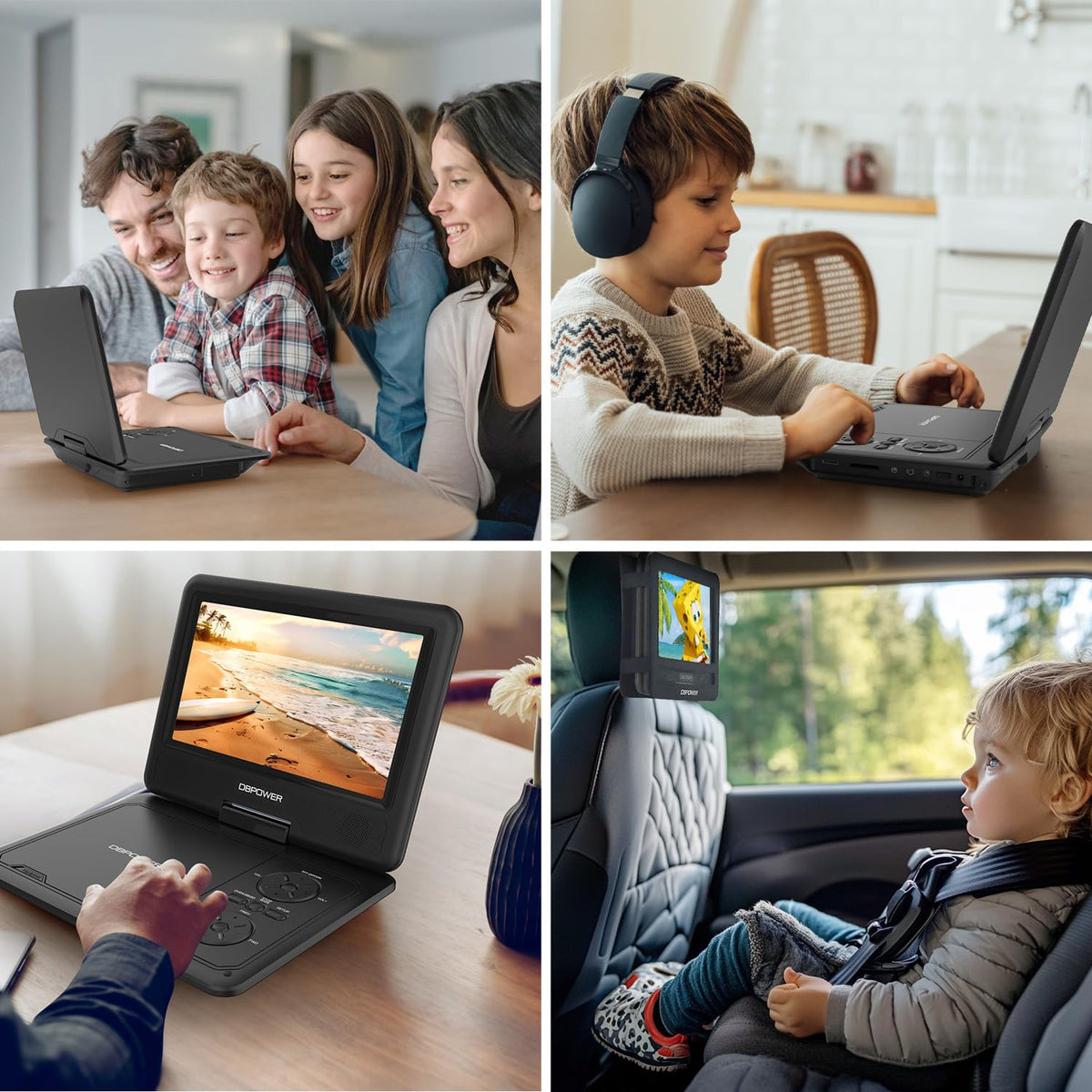 DBPOWER 11.5" Portable DVD Player, 5-Hour Built-in Rechargeable Battery, 9" Swivel Screen, Support CD/DVD/SD Card/USB, Remote Control, 1.8 Meter Car Charger, Power Adaptor and Car Headrest (Black)