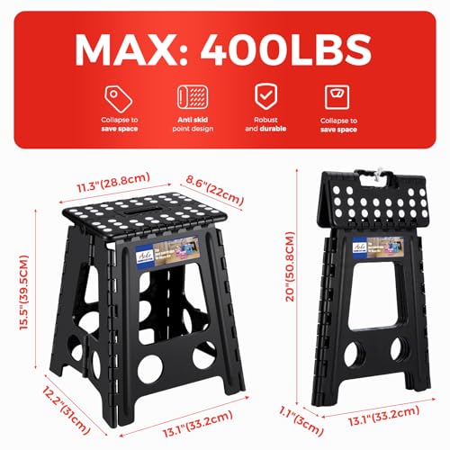 ACKO 16 Inch Folding Step Stool with Safety Lock, Holds 400 lbs, Black | Portable Foldable Stools with Handle, Heavy Duty Collapsible Non-Slip Foot Stool for Adults & Kids, Kitchen Bathroom Outdoor