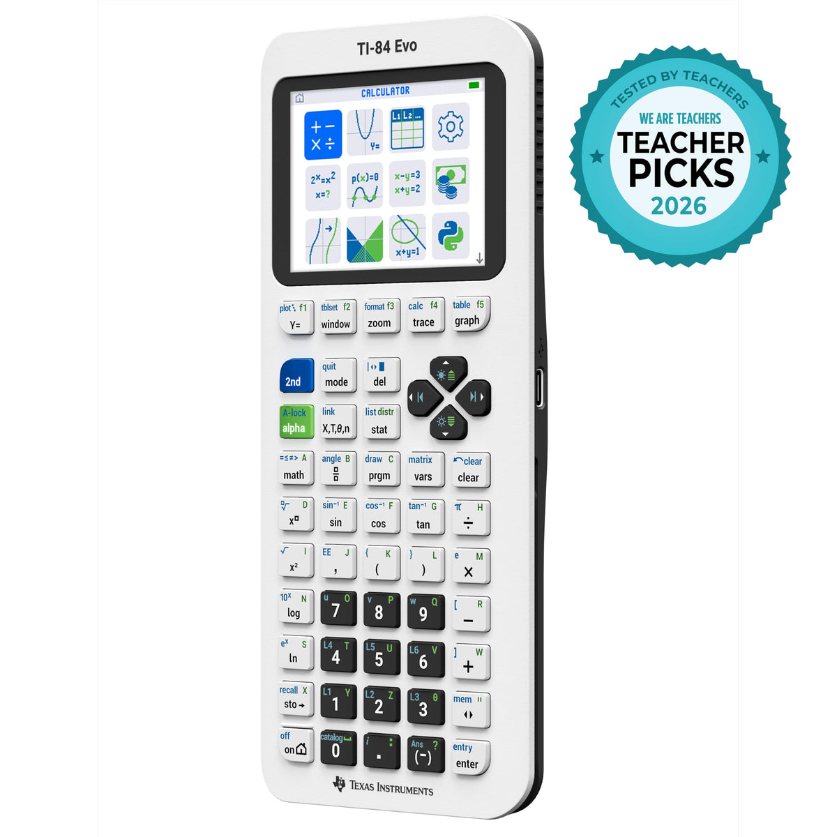 TI-84 Evo Graphing Calculator Texas Instruments, White | Intuitive Icon-based Homescreen, USB-C Charging, Python Programming, Faster Performance, Bigger Graphs than TI-84 Plus CE