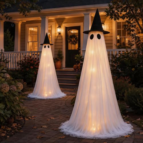 2 Pack 5 Ft Large Light Up Ghost Decor - Halloween Decorations Outdoor | Double-layered fabric, water bags and stakes, 8 light modes with timer, battery or USB power for porch and lawn