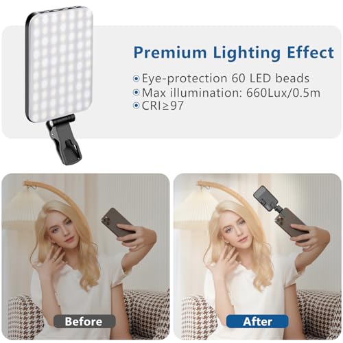 ALTSON 60 LED Portable Selfie Light Video Conference Lighting with Clip & Camera Tripod Adapter Rechargeable 2200mAh CRI 97+, 3 Light Modes for Phone iPhone Webcam Laptop Photo Makeup