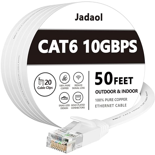 Jadaol Cat6/Cat6A Ethernet Cable 50FT Flat with Clips 10Gbps Network, White | 1FT 3FT 5FT 10FT 15FT 20FT 25FT 30FT 35FT 50FT 60FT 75FT 100FT 150FT 200FT LAN Patch Cable for Router, Modem, Switch, Gaming