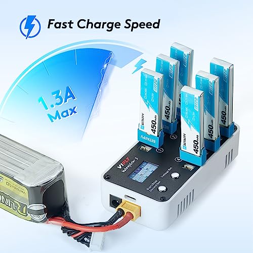 VIFLY WhoopStor V3 6 Ports 1S LiPo Battery Storage Charger and Discharger with LCD Display Tiny Whoop Charger with PH2.0 and BT2.0 Connectors