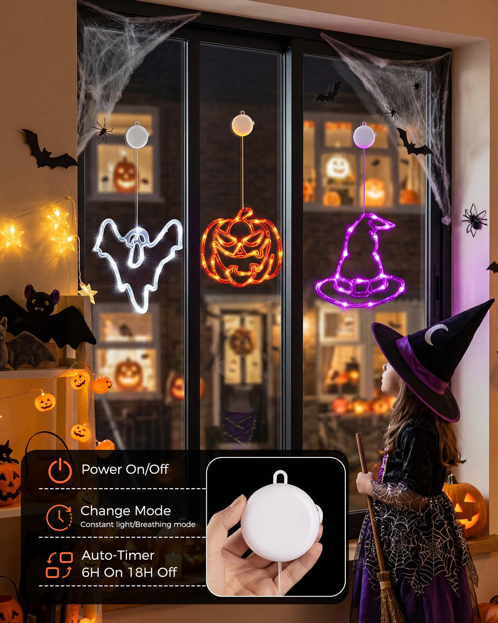 Minetom 3 Pack Halloween Windows Lights - Pumpkin, Ghost, Hat with Timer | Battery Operated Halloween Lights with Firm Suction Cup, Halloween Decorations for Windows, Doors, Balconies, Wardrobes
