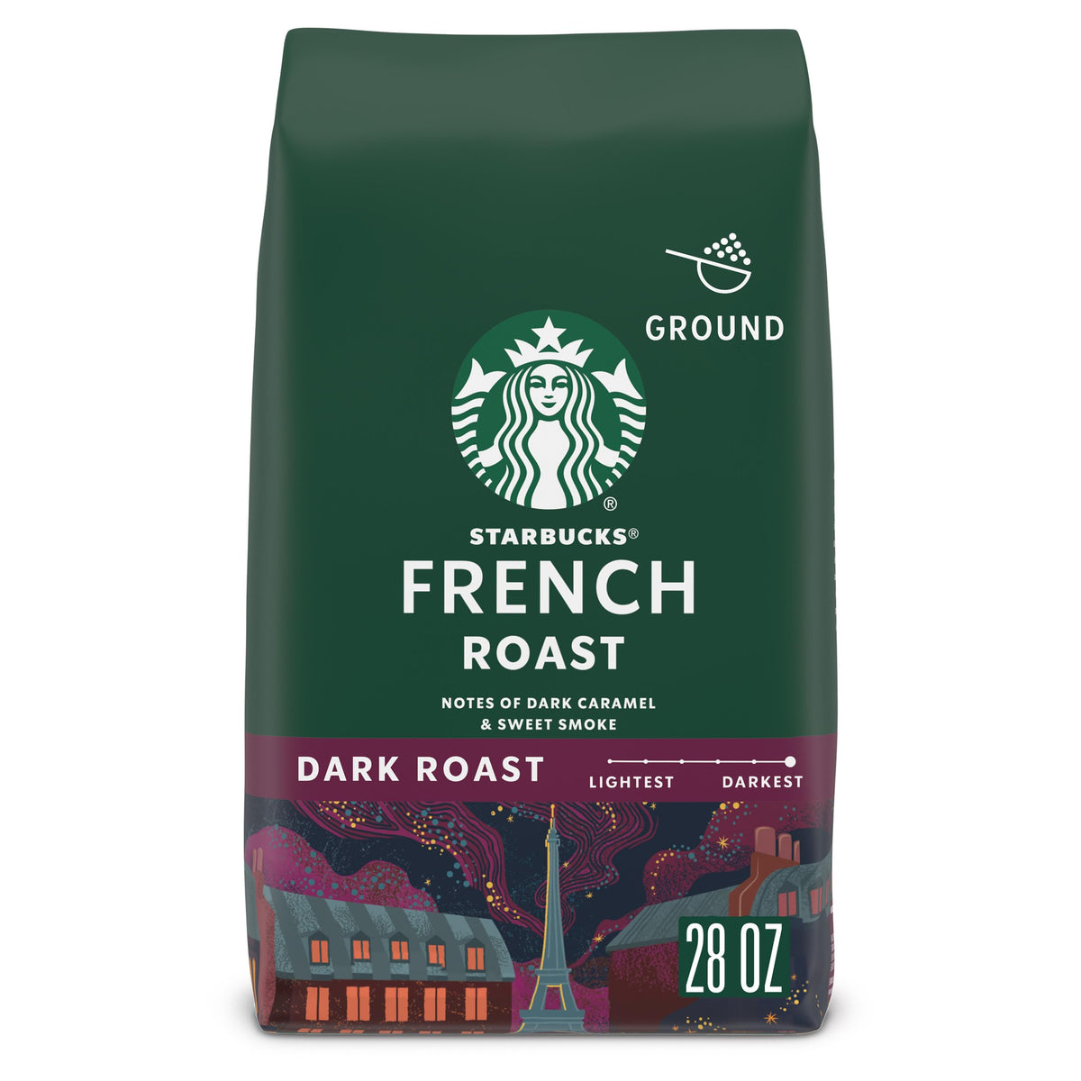 Starbucks Ground Coffee, Dark Roast Hot or Iced Coffee, French Roast, 28 oz | 100% Arabica ground coffee; Dark Roast French Roast; 1 bag, 28 oz