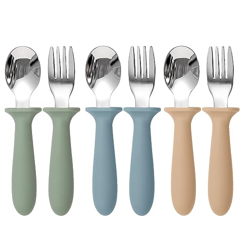 Eascrozn Toddler Utensils, 6 Pack Children Safe Forks and Spoons Set | kids Silverware Set with Silicone Handle, 18/8 Stainless Steel, BPA Free, Dishwasher Safe