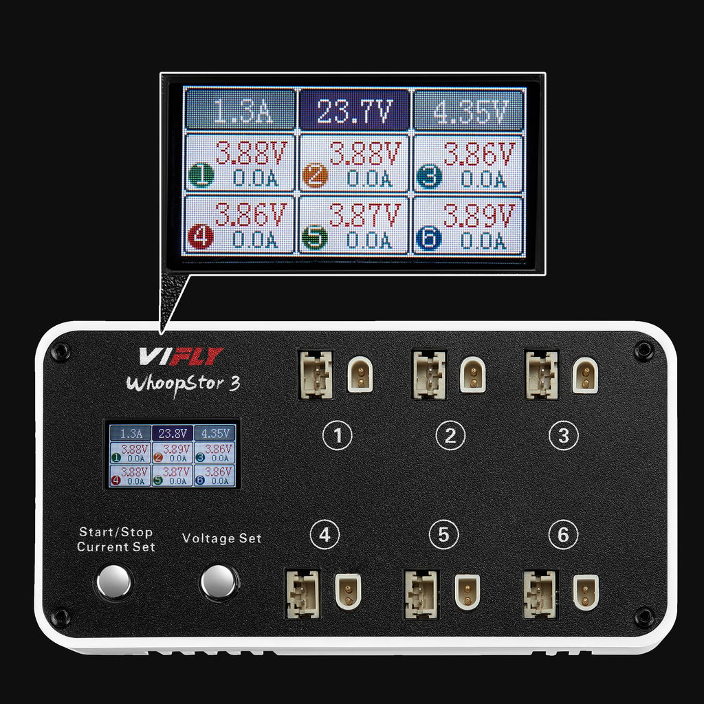 VIFLY WhoopStor V3 6 Ports 1S LiPo Battery Storage Charger and Discharger with LCD Display Tiny Whoop Charger with PH2.0 and BT2.0 Connectors