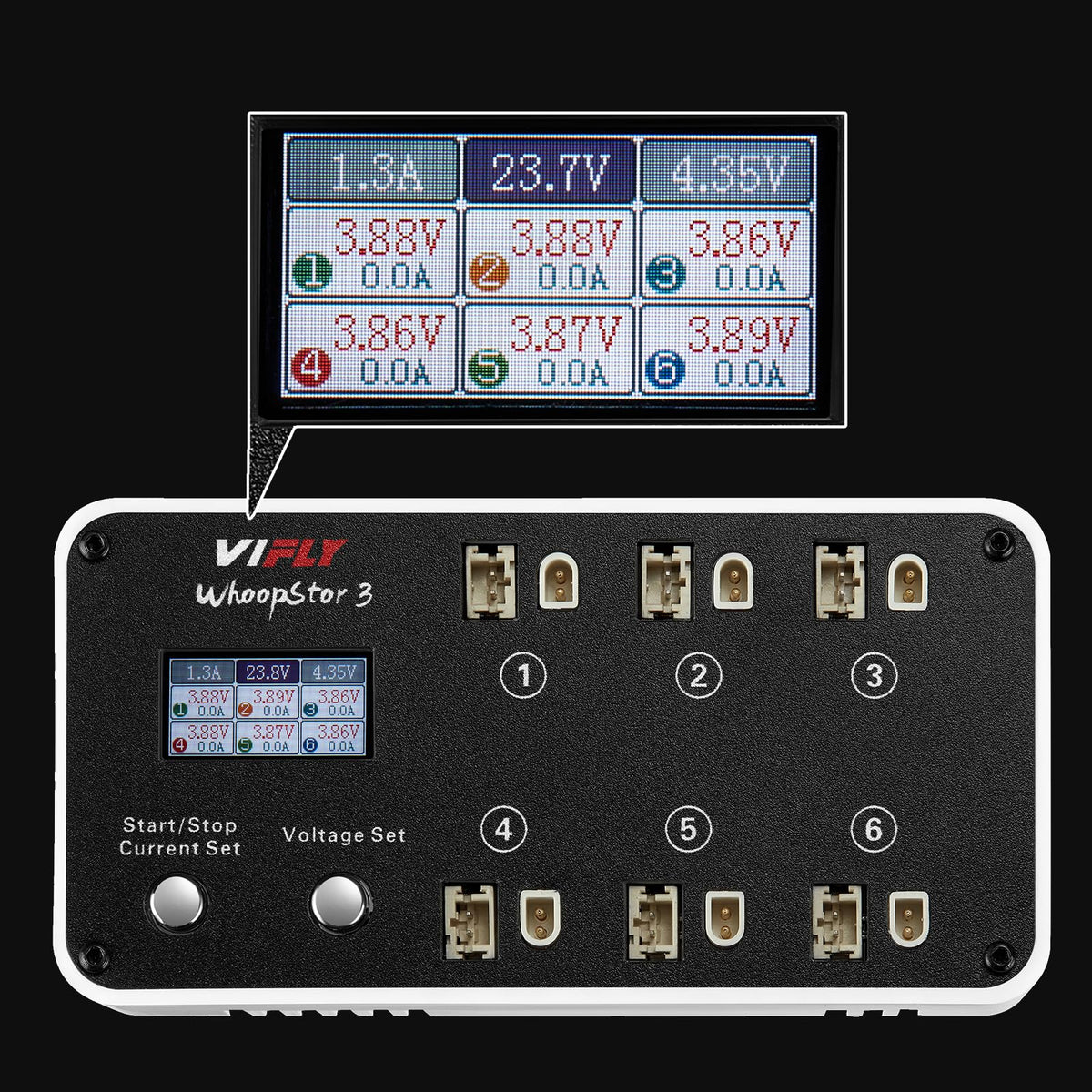 VIFLY WhoopStor V3 6 Ports 1S LiPo Battery Storage Charger and Discharger with LCD Display Tiny Whoop Charger with PH2.0 and BT2.0 Connectors